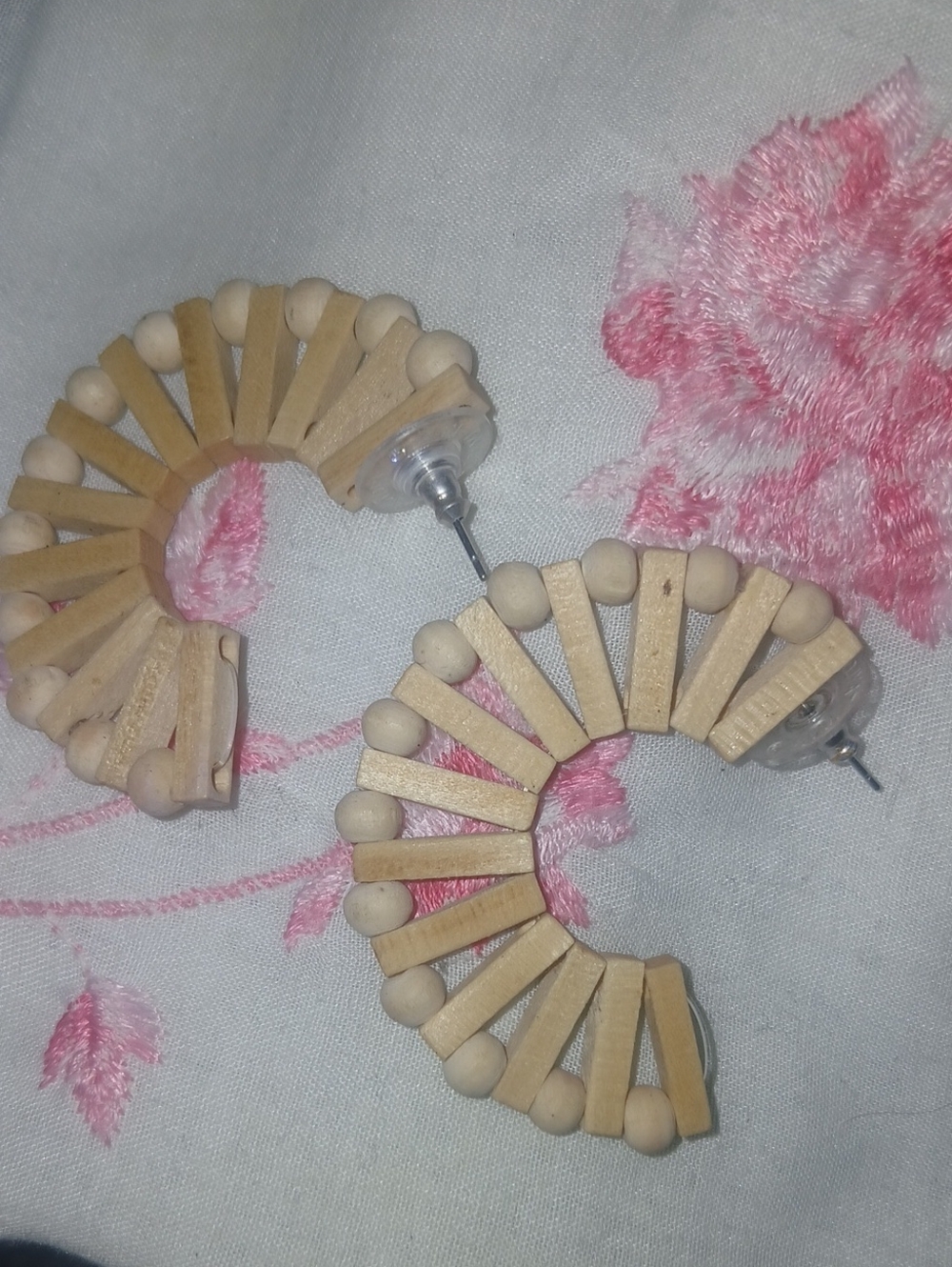 Natural Beige Wood Bead Hoop Earrings